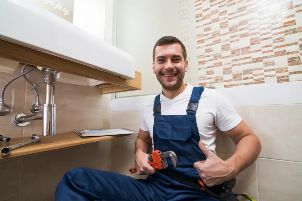 A plumber in blue overalls smiles while holding a wrench, giving a thumbs-up in a bathroom setting.